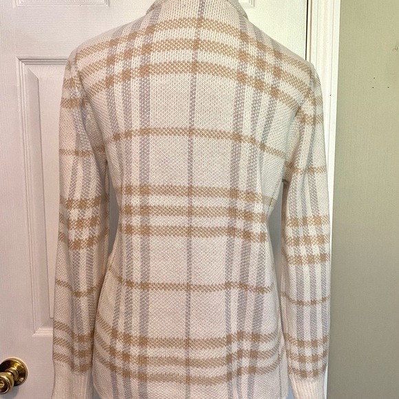 Adrienne Vittadini Ivory & Tan Plaid Open Front Cardigan Sz L - Picture 6 of 10
